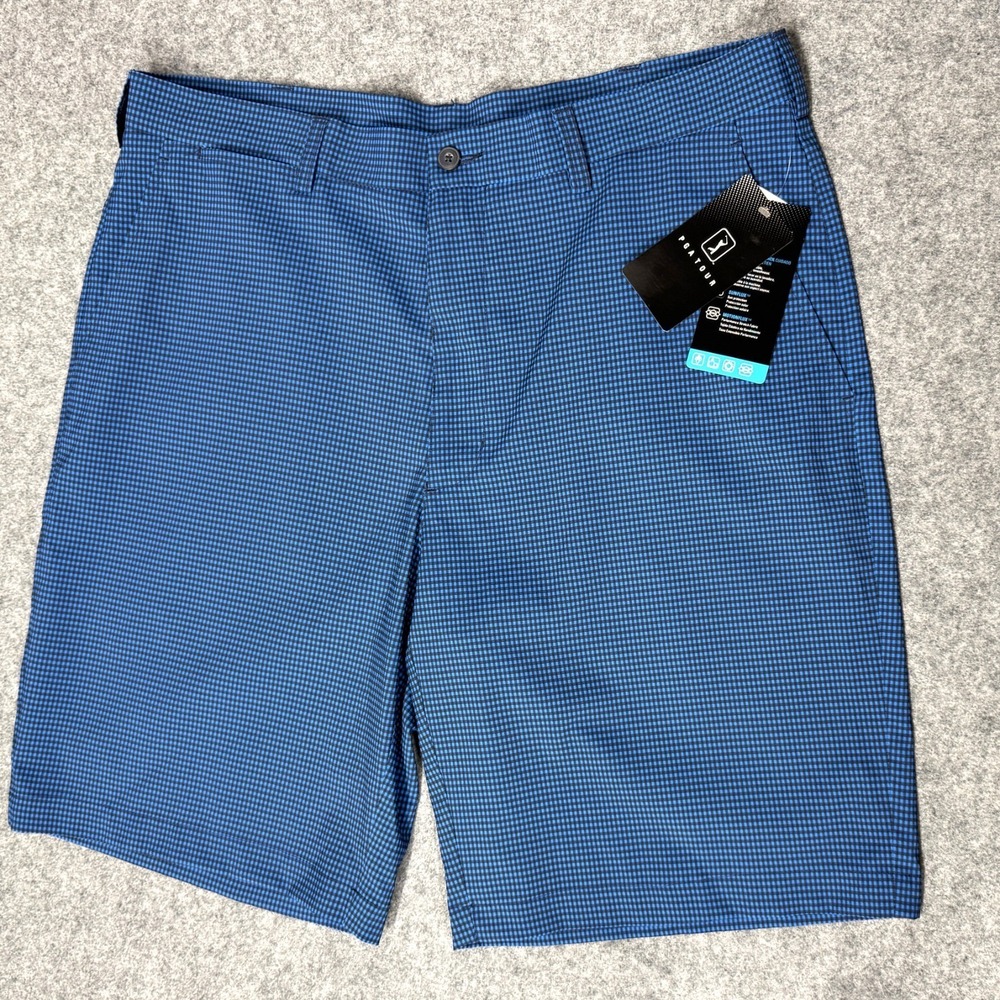 PGA Tour Men's Golf Shorts Size 36 Blue Black Check Flat Front Pockets NEW